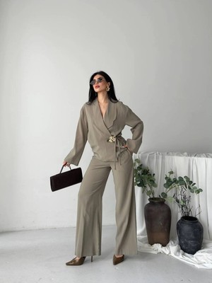 Zf Butik Kadın Kruvaze Ikili Takım Haki Gold Tokalı