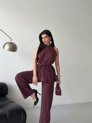 Zf Butik Kadın Hakim Yaka Bağlamalı Ikili Takım Bordo