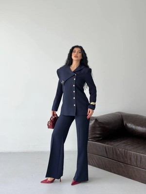 Zf Butik Kadın Blazer Pantolon Takım Lacivert Asimetrik Yaka