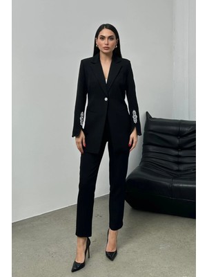 Zf Butik Kadın Ikili Takım Taş Detaylı Boru Paça Blazer Ceket Pantolon Takım