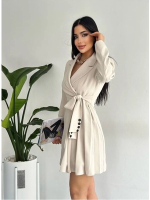 Zf Butik Kadın Mini Elbise Bej Uzun Kollu Kruvaze Yaka Kuşaklı Pileli