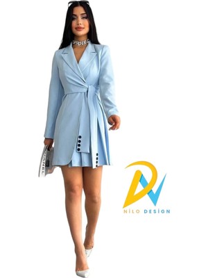 Zf Butik Kadın Uzun Blazer Ceket Elbise Mavi Düz Kesim