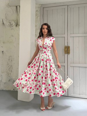 Zf Butik Kadın Çiçek Desenli Kemerli Midi Elbise