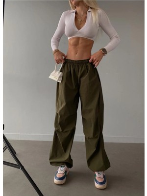 Zf Butik Kadın Haki Paraşüt Kumaş Pantolon Jogger Kesim