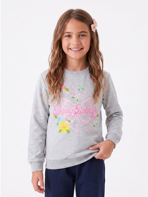 Kız Çocuk Açık Gri Melanj Pamuklu Bisiklet Yaka Tam Kalıp Kelebek Baskılı Sweatshirt (3 Yaş)