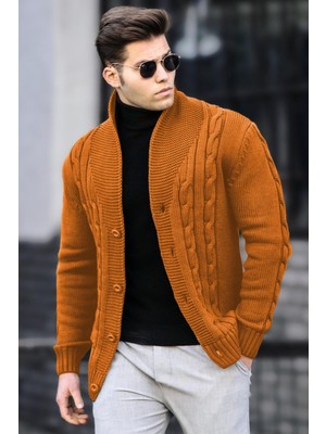 Madmext Hardal Renkli Uzun Kollu Örgülü Hırka %65 Pamuk %35 Polyester Düz Desenli