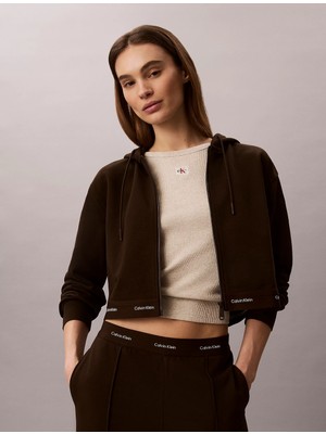 Calvin Klein Kadın Rahat Kesim Kapüşonlu Pamuklu Fermuarlı Crop Koyu Kahve Sweatshirt LV047G252G-TO2