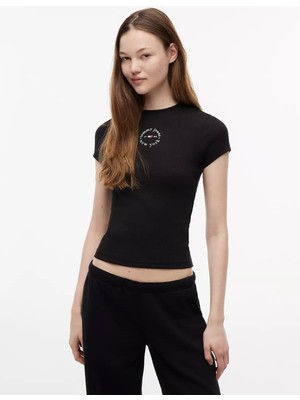 Tommy Hilfiger Kadın Dar Kesim Yuvarlak Yakalı Pamuklu Esnek Örgü Kumaş Kısa Kollu Siyah T-Shirt DW0DW22807-BDS