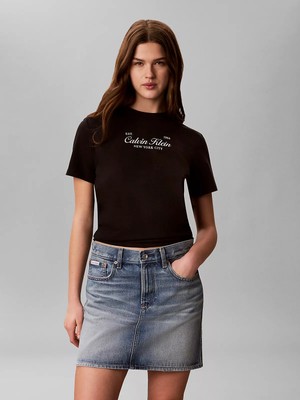 Calvin Klein Kadın Normal Kesim Yuvarlak Yakalı Logo Baskılı Pamuklu Kısa Kollu Siyah T-Shirt LV047G804G-UB1