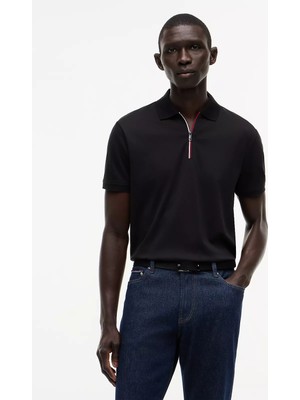 Tommy Hilfiger Erkek Normal Kalıp Kolu Bayrak Logolu Pamuklu Yarım Fermuarlı Kısa Kollu Siyah Polo Yaka T-Shirt MW0MW43269-BDS