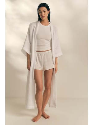 The White Company Organik Pamuk Waffle Desenli Uzun Kadın Bornoz