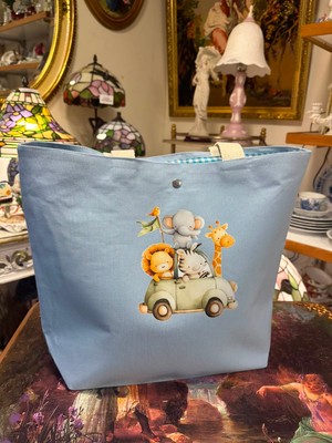 elisss bag Duck Keten Pamuk Kumaş Mavi Hayvan Desenli Çıtçıtlı Piknik Çantası Plaj Çantası Bebek Çantası Günlük Çanta