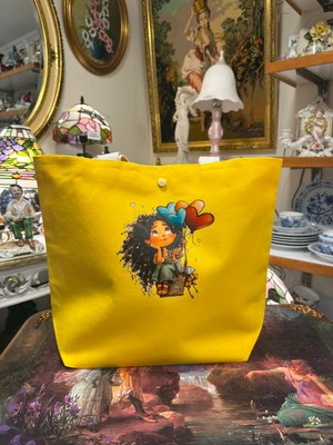 elisss bag Duck Keten Pamuk Kumaş Balon Figürlü Sarı Çıtçıtlı Piknik Çantası Plaj Çantası Bebek Çantası Günlük Çanta