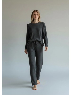  kadın kaşkorse pijama takımı uzun kollu rahat esnek ev giyimi büyük beden