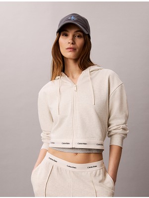 Calvin Klein Kadın Rahat Kesim Kapüşonlu Pamuklu Fermuarlı Crop Krem Sweatshirt LV047G252G-P4P