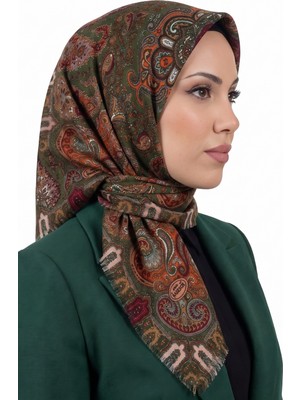 Hadiora Kadın Zeytin Yeşili Paisley Desenli Flamlı Dimi Eşarp