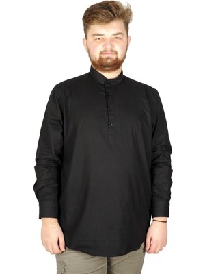 ModeXL Büyük Beden Erkek Keten Likralı Ukol Hakim Yaka Gömlek 20388 Siyah