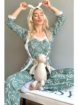 Pijama Evi Yeşil Zeytin Dalı Desenli Sabahlıklı Pegasus Pijama Takımı