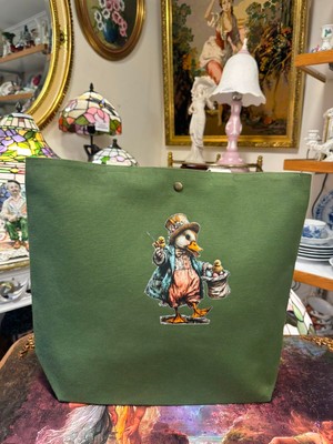 elisss bag Duck Keten Pamuk Kumaş Ördek Figürlü Yeşil Çıtçıtlı Piknik Çantası Plaj Çantası Bebek Çantası Günlük Çanta