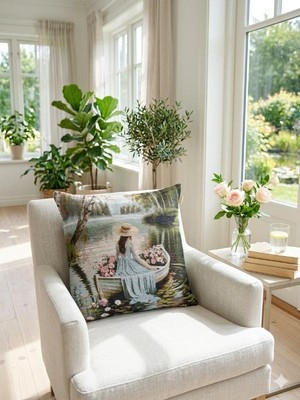 Believe Nilüferli Sandal Sefası Jakarlı Dokuma Goblen Dekoratif Kırlent 45*45