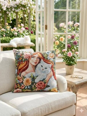 Believe Mozaik Flora ve Kedisi Jakarlı Dokuma  Goblen Dekoratif Kırlent 45*45