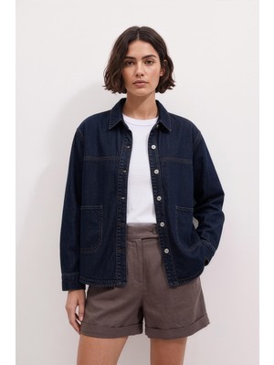Markapia Kadın Gömlek Yaka Oversize Lacivert Jean Ceket