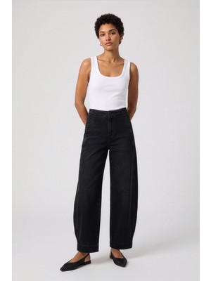Markapia Kadın Siyah Yüksek Bel Wide Leg Barrel Fit Jean Pantolon