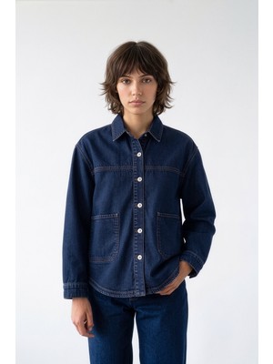 Markapia Kadın Gömlek Yaka Oversize Koyu Mavi Jean Ceket