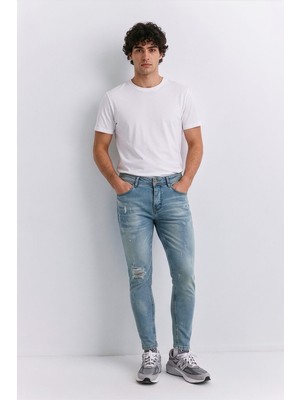 Blue White Erkek Skinny Ripped Jean Açık Mavi