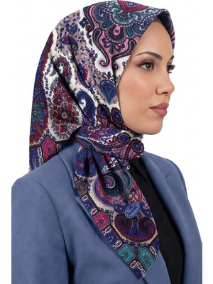 Hadiora Kadın Mavi Pembe Paisley Desenli Flamlı Dimi Eşarp