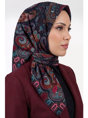 Hadiora Kadın Lacivert Mavi Paisley Desenli Flamlı Dimi Eşarp