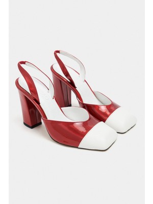 Nişantaşı Shoes Solea Kırmızı Rugan Beyaz Burun Detaylı Arkası Lastikli Kalın Topuklu Kadın Ayakkabı