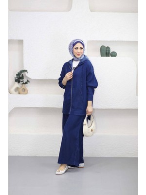 Suede Style 5398 - Rahat Salaş Ince Kadın Kot Kapüşonlu Ceket Pantolon Takımı