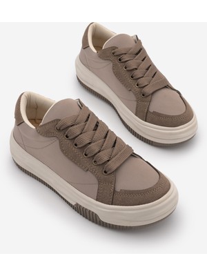 Marjin Kadın Sneaker Kalın Taban Bağcıklı Spor Ayakkabı Sifaz Vizon Saten