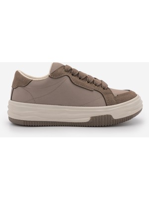 Marjin Kadın Sneaker Kalın Taban Bağcıklı Spor Ayakkabı Sifaz Vizon Saten