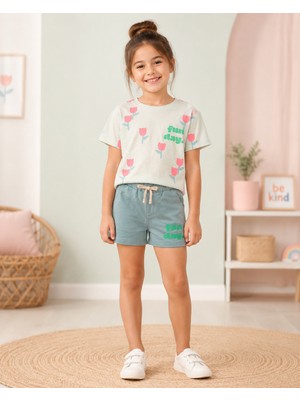 KR Kids Kız Çocuk Ekru Tişört ve Mavi Şort Takımı Fun Day Yazı Baskılı Çiçek Desenli Yazlık Takım