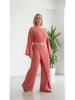 Byemelika %100 Pamuk, Bürümcük, Etek Kapama Detay Lucia Pantolon (Şeker Pembe)