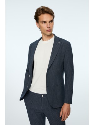 Morven  Erkek Lacivert Poliviskon Trend Çizgili Slim Fit Mono Yaka Takım Elbise