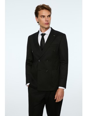 Morven  Erkek Siyah Poliviskon Trend Düz Slim Fit Sivri Yaka Kruvaze Takım Elbise