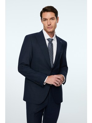 Morven  Erkek Lacivert Yünlü Trend Ekose Slim Fit Mono Yaka Takım Elbise