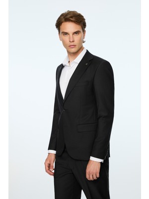 Morven  Erkek Siyah Yün Platinium Düz Slim Fit Mono Yaka Takım Elbise
