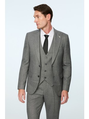 Morven  Erkek Siyah Poliviskon Trend Desenli Slim Fit Sivri Yaka Yelekli Takım Elbise