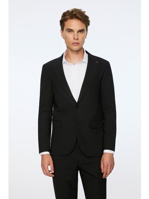 Morven  Erkek Siyah Poliviskon Basic Düz Slim Fit Sivri Yaka Takım Elbise