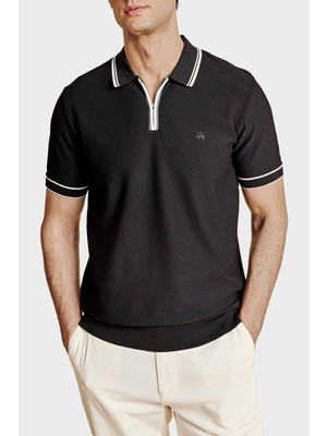 Brooks Brothers Yarım Fermuarlı Petek Örgü Rayon Kısa Kol Polo Yaka Kazak Erkek Polo Yaka Kazak BBSS26MKL007386