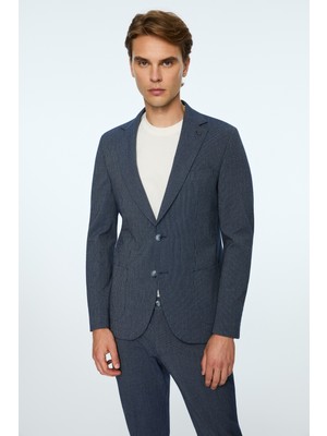 Morven  Erkek Lacivert Poliviskon Trend Çizgili Slim Fit Mono Yaka Takım Elbise