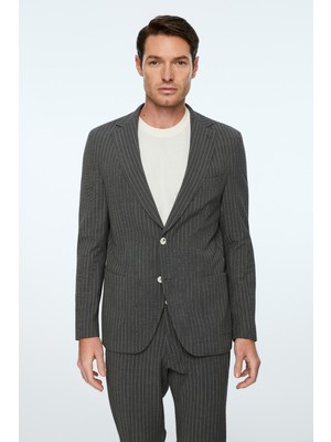 Morven  Erkek Füme Poliviskon Trend Çizgili Slim Fit Mono Yaka Takım Elbise
