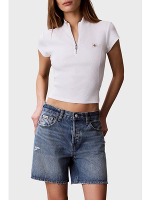 Calvin Klein Pamuklu Logolu Slim Fit Fermuarlı Dik Yaka Top LV047G240GYAF Bayan Top LV047G240G Yaf