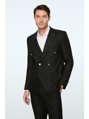 Morven  Erkek Siyah Poliviskon Trend Slim Fit Sivri Yaka Kruvaze Takım Elbise