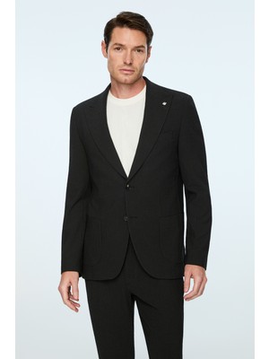 Morven  Erkek Siyah Poliviskon Trend Pitikare Slim Fit Sivri Yaka Takım Elbise