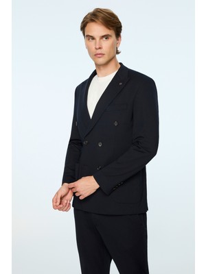 Morven  Erkek Lacivert Rayon Trend Düz Slim Fit Sivri Yaka Kruvaze Takım Elbise